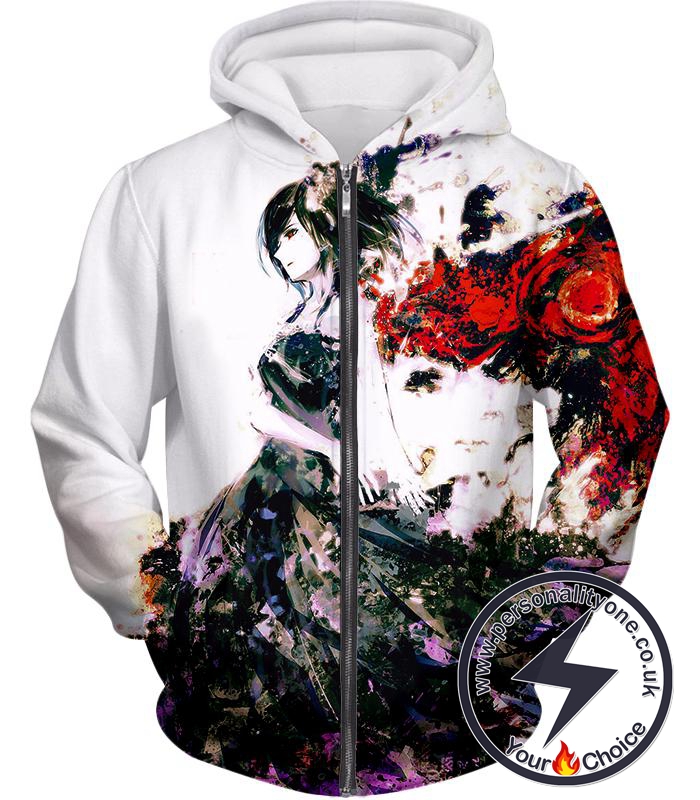 Tokyo Ghoul Exclusive Touka Kirishima Fan Art Graphic White Zip Up Hoodie